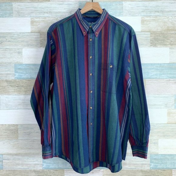 Nautica Other - Nautica Vintage 90s Vertical Striped Oxford Shirt Blue Green Casual Mens Large